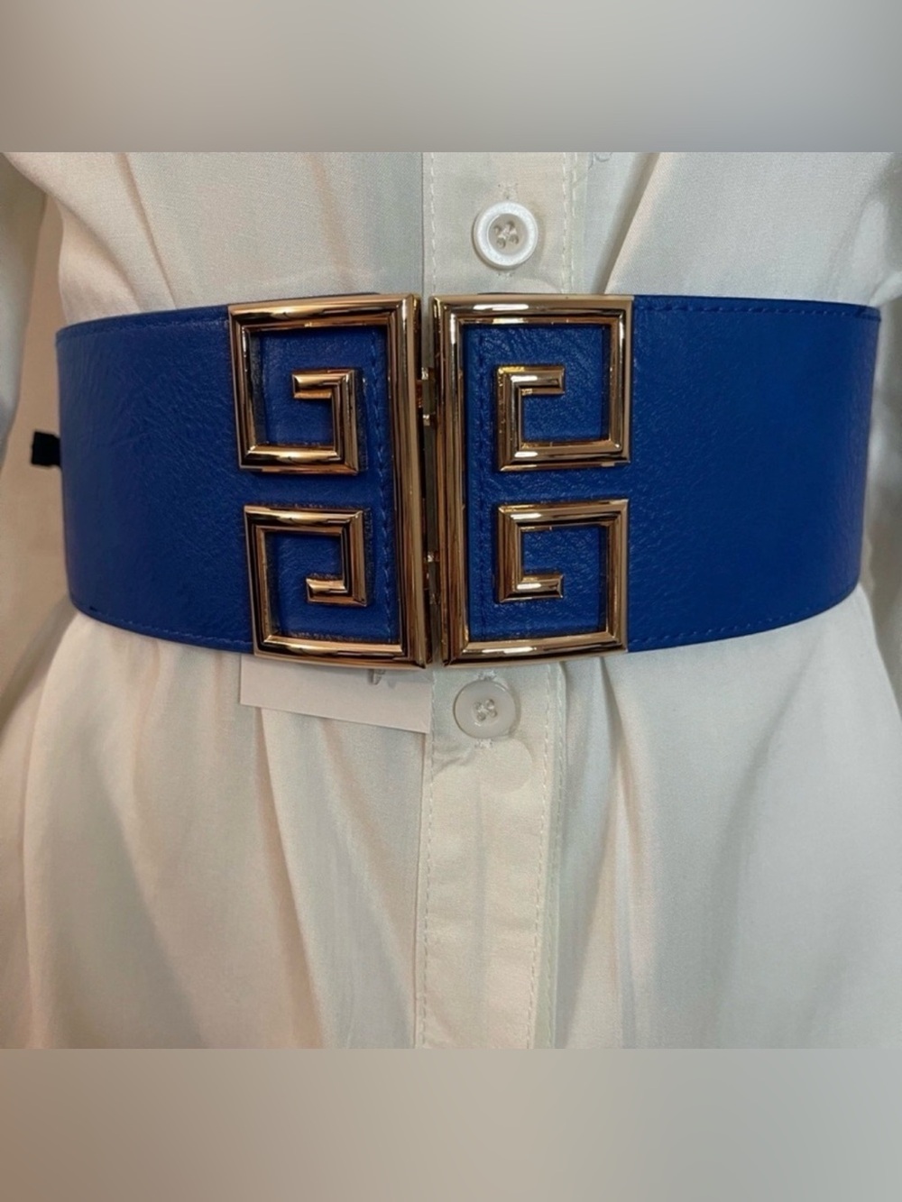 Royal blue PU leather square buckle elastic waistband belt